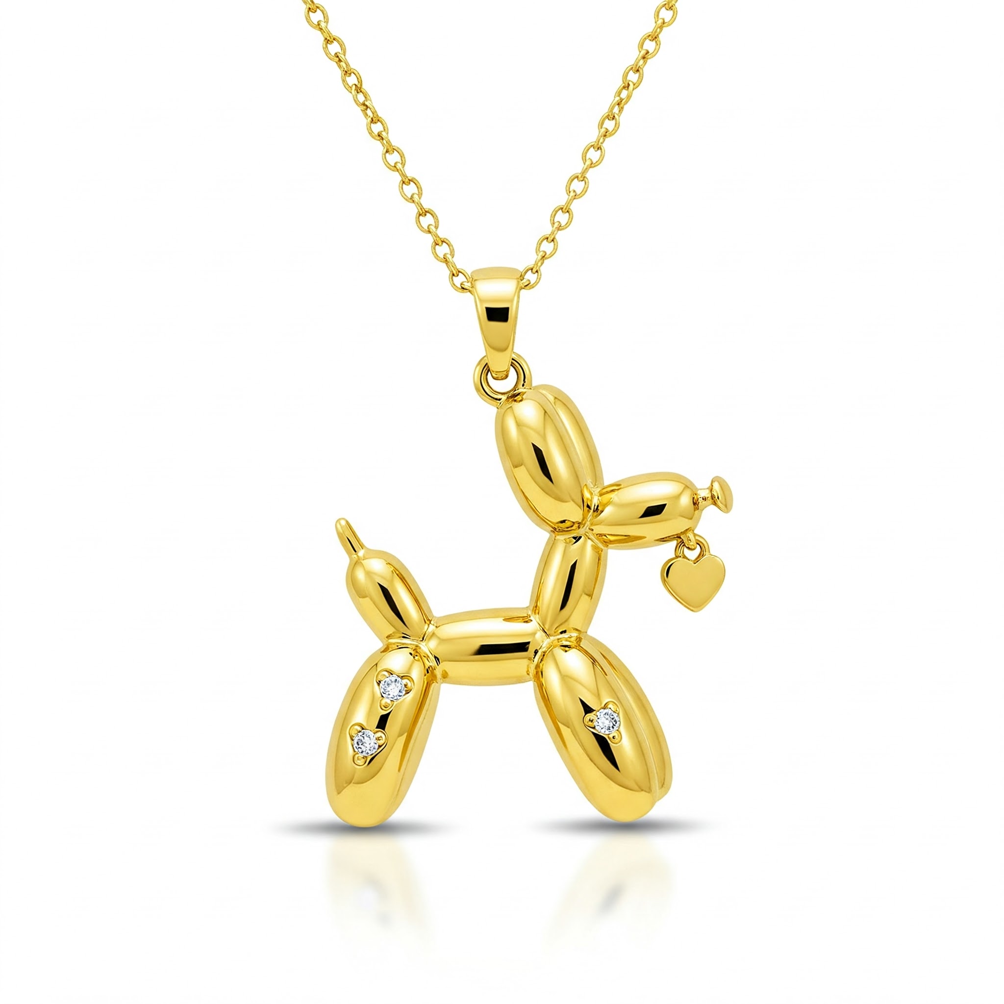 Gold Balloon Dog Pendant Necklace with Diamond Accents and Heart Charm